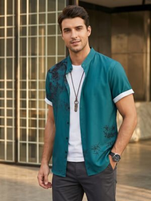 Teal Botanical Mandarin-Collar Shirt